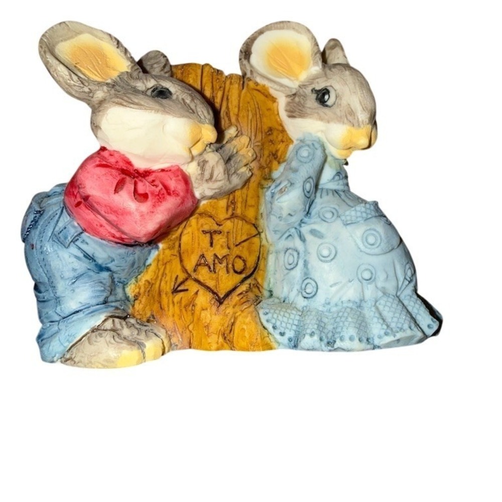 Calico Kittens Ti Amo Bunny Couple Figurine Easter Decor Hand Painted 4in‎
